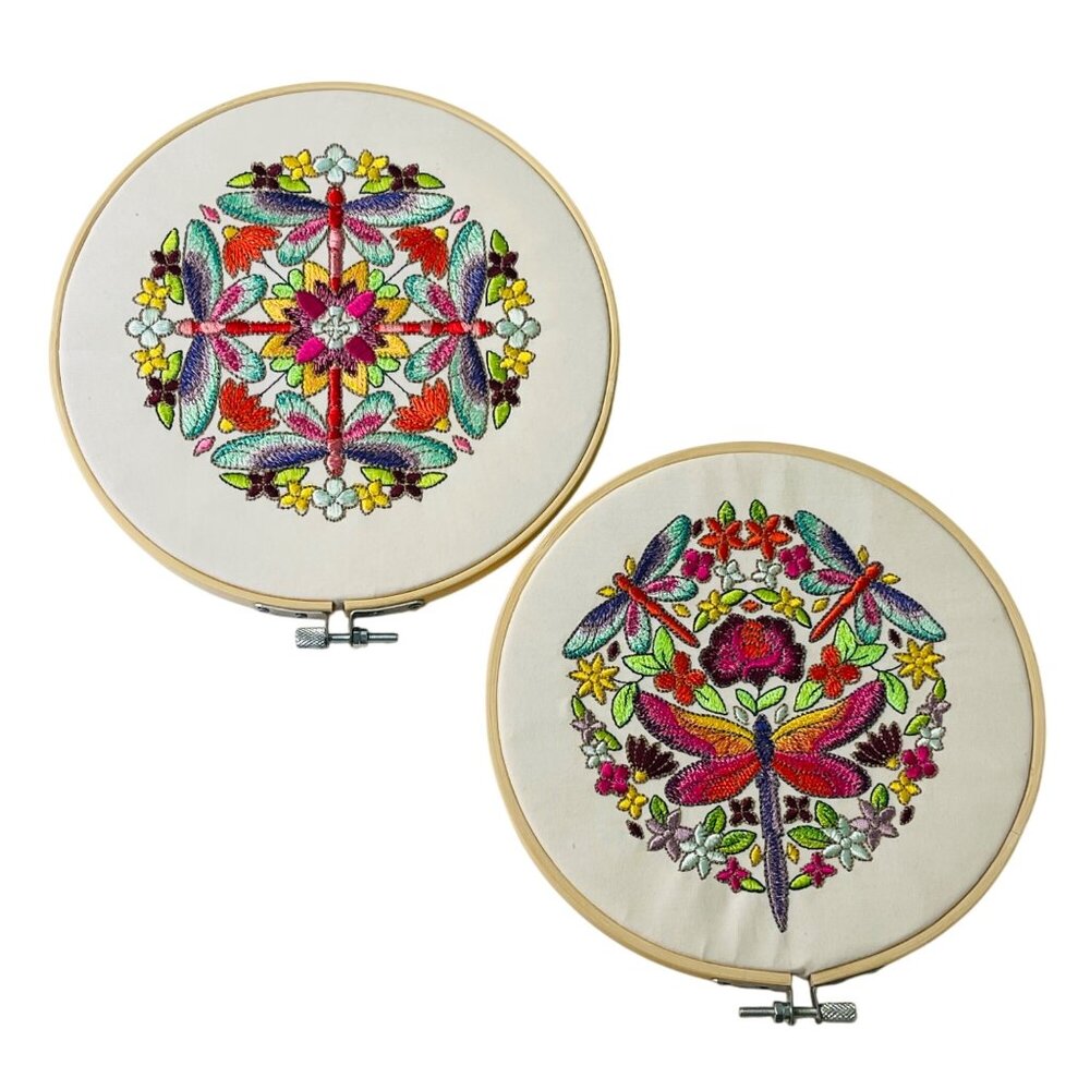 Dragonfly Art Wall Hanging Embroidered Hoop Framed 8" Set of 2 Handmade New